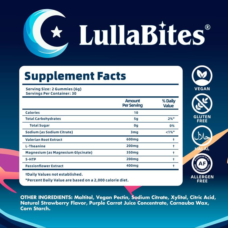 Experience Restful Nights with Lullabites Natural Sleep Gummies - Sweet Strawberry Stars (30 Servings, Melatonin-Free)