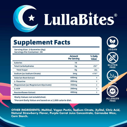 Experience Restful Nights with Lullabites Natural Sleep Gummies - Sweet Strawberry Stars (30 Servings, Melatonin-Free)