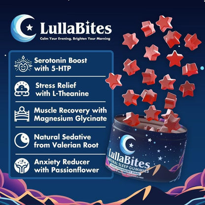 Experience Restful Nights with Lullabites Natural Sleep Gummies - Sweet Strawberry Stars (30 Servings, Melatonin-Free)
